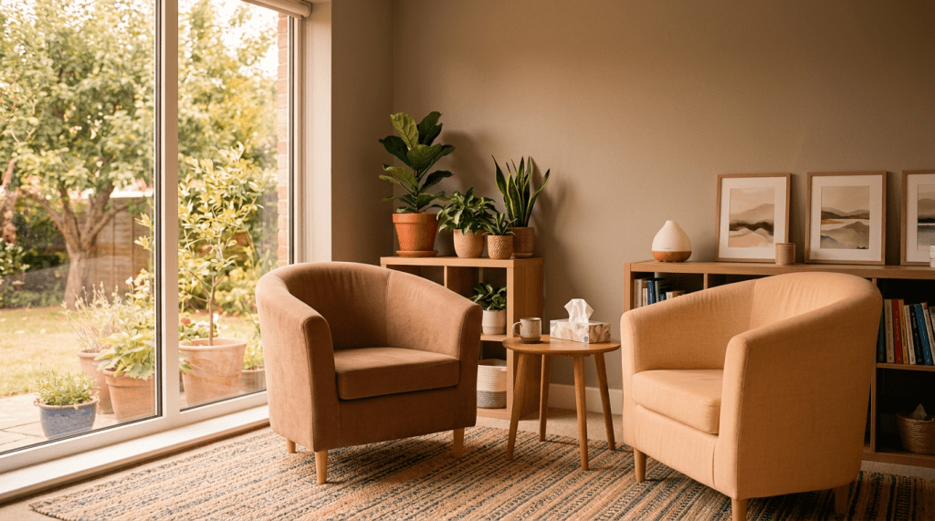Two armchairs around a small wooden table beside large window with potted plants