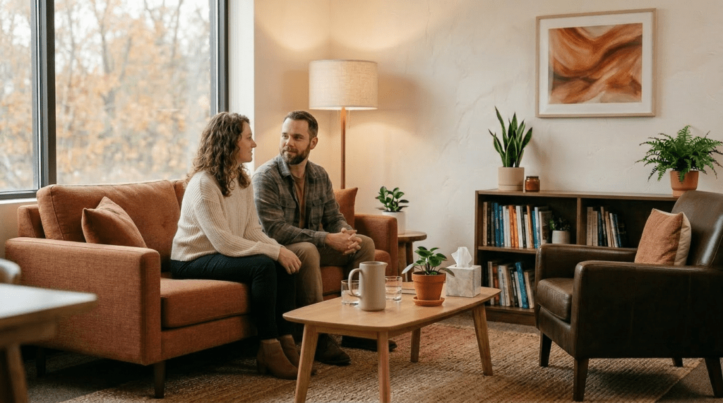 Couple sitting on a couch talking to a female therapist in a comfortable office setting