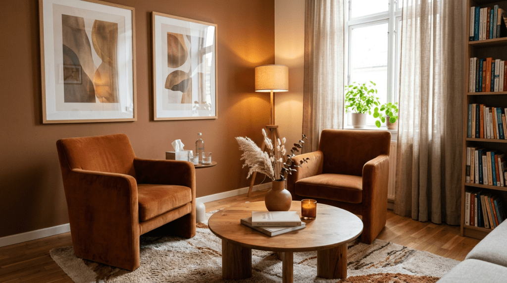 Two brown armchairs facing a wooden coffee table with books, a vase, and a candle in a cozy living room