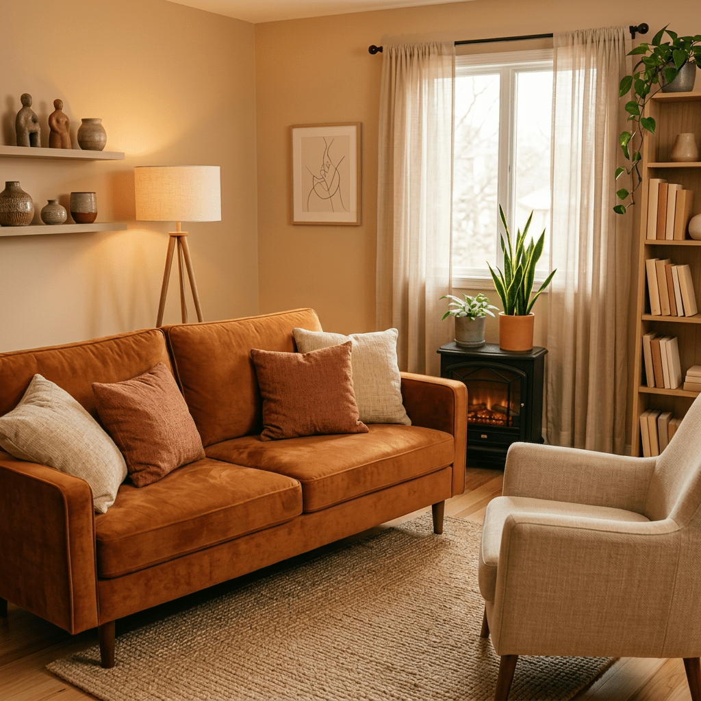 A couple sitting on a couch talking to a therapist who is taking notes in a cozy room