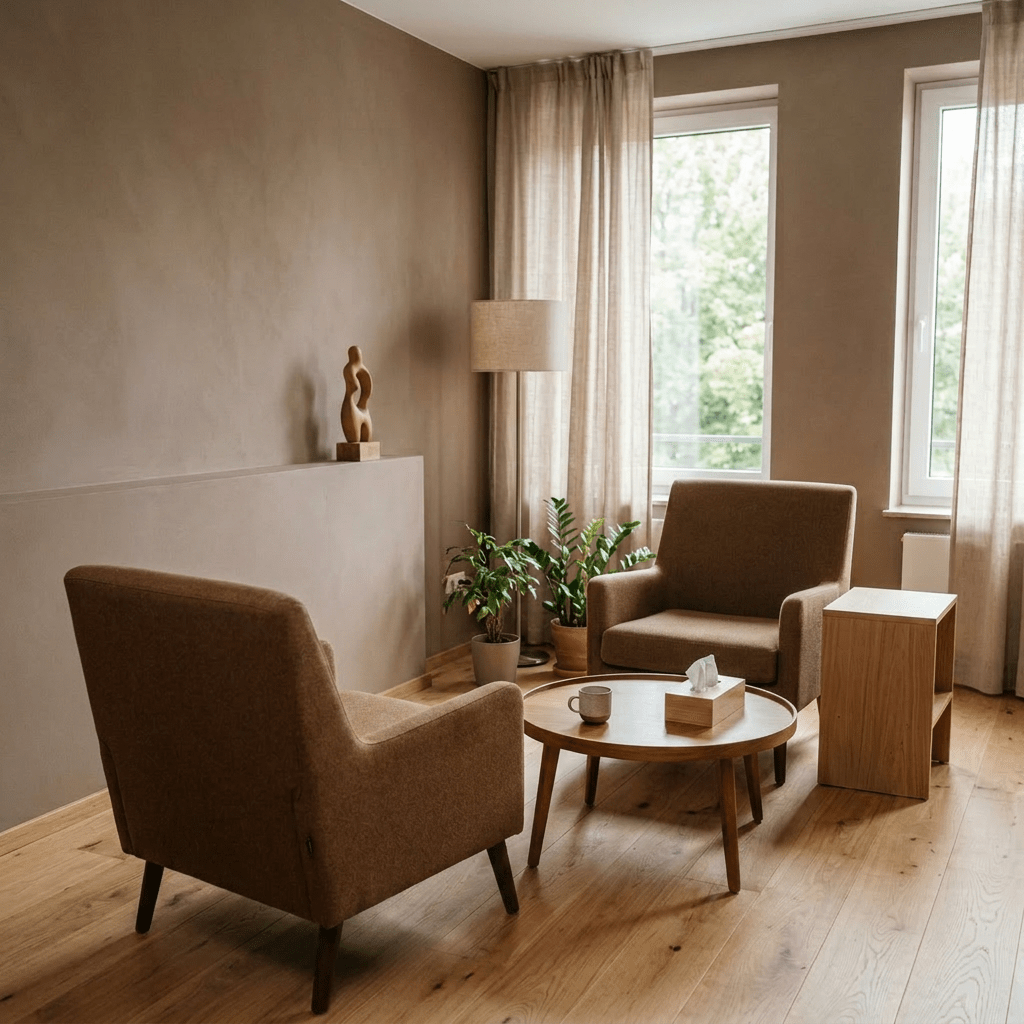 Two women sitting in armchairs having a therapy session in a cozy modern office