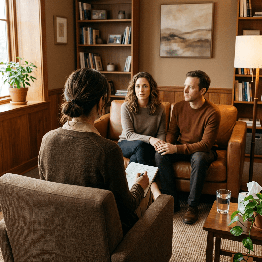 Therapist taking notes as a couple sits on a couch in a counseling session
