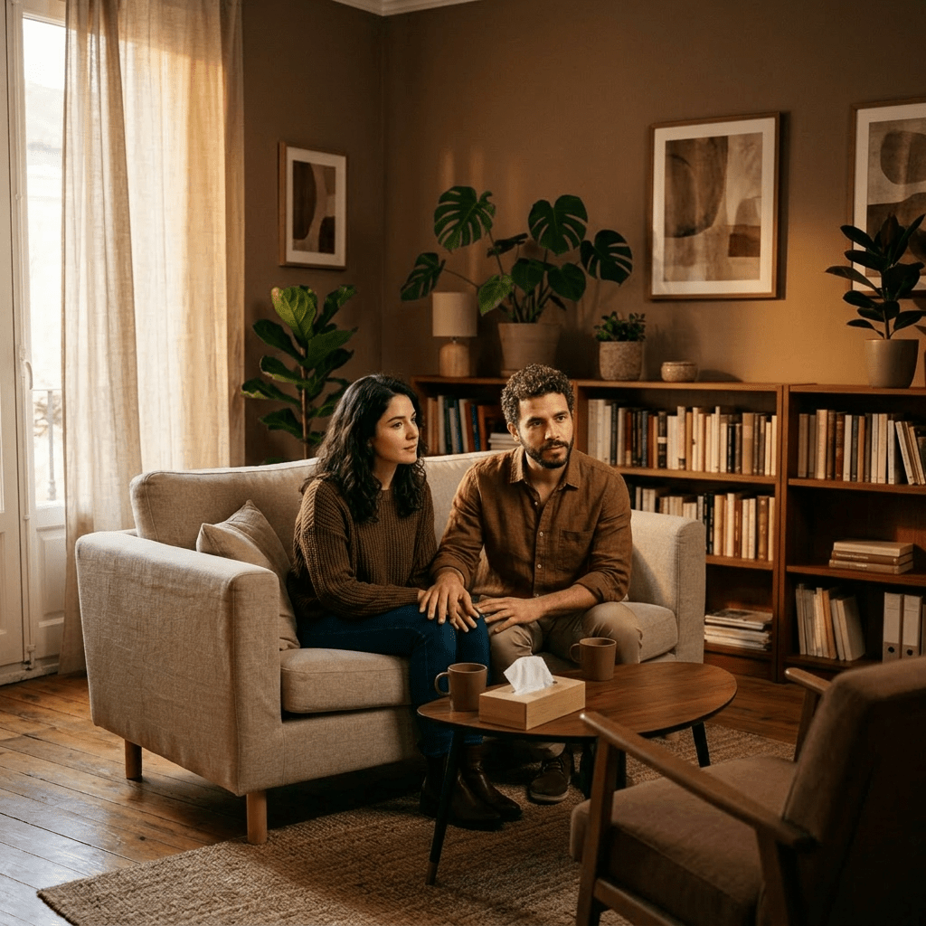 Couple sitting on a couch holding hands during therapy session with counselor